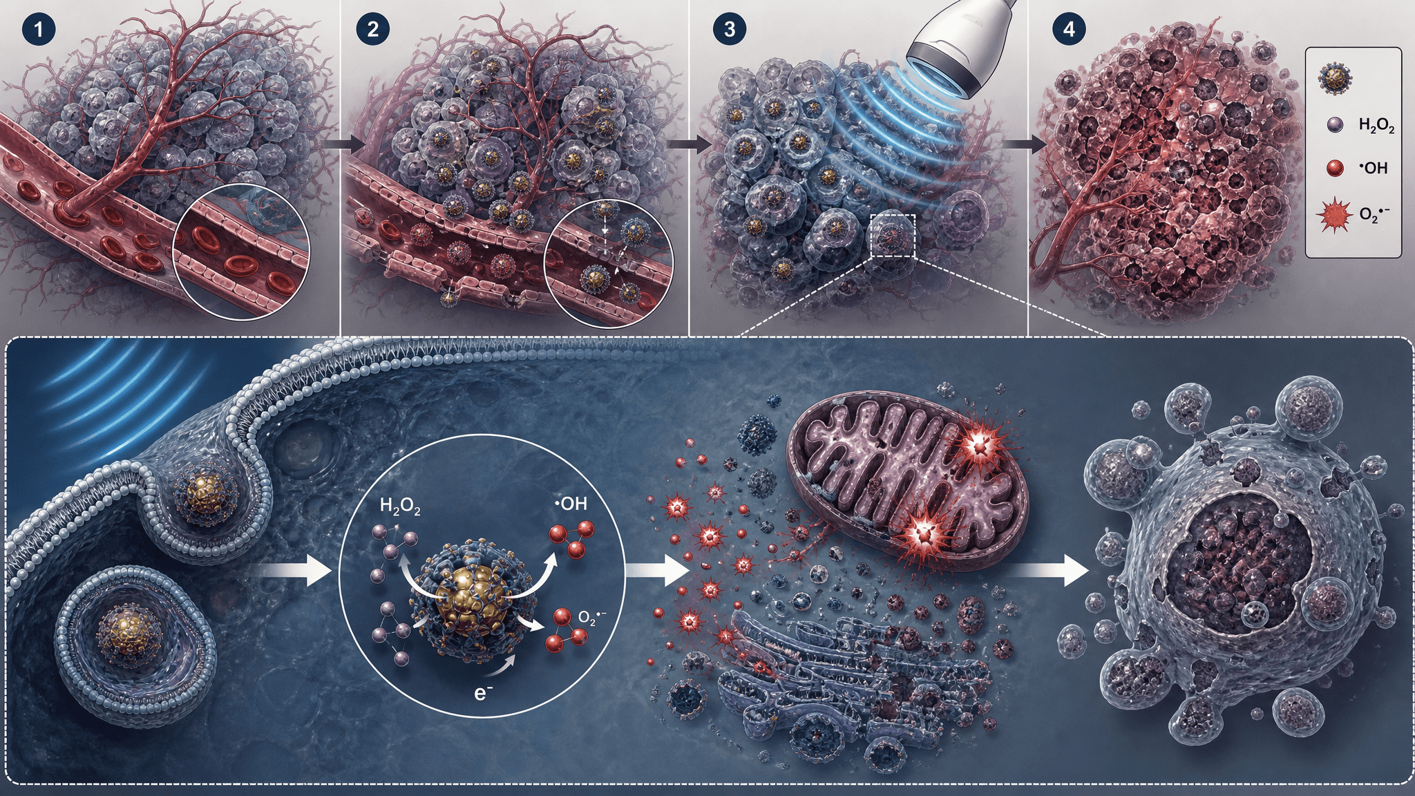 Ultrasound-activated catalytic nanoparticle tumor therapy mechanism diagram